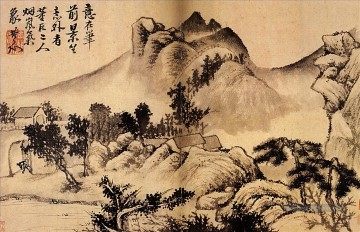  montagnes - Village Shitao au pied des montagnes 1699 vieille encre de Chine